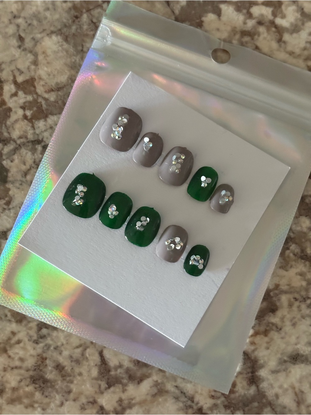 False Nail Set with Green and Gray Gems